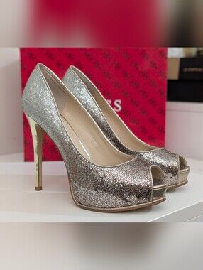 Silver Glitter Peep-Toe High Heels